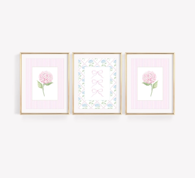 Pink Watercolor Hydrangea Print Set of 3, Watercolor Pink Bow Art Prints, Grandmillenial Wall Art, Coquette Digital Print, Trendy Dorm Decor