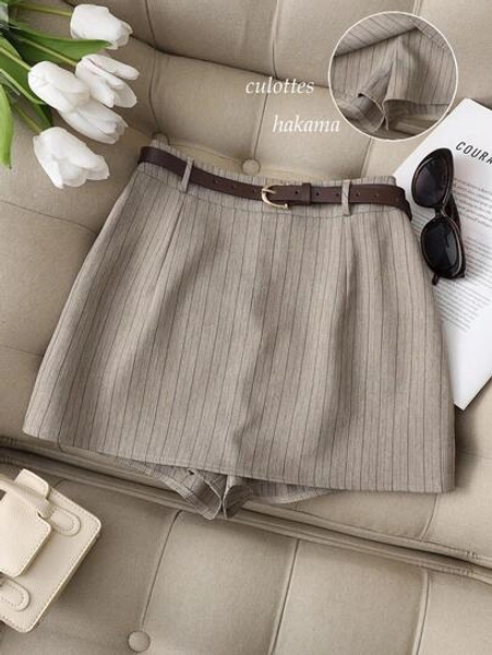 Franclia Casual Commuting Fashion All-Match High Waist With Brown Belt Soft Texture Striped Yarn-Dyed Material Spring And Autumn Khaki Women's Shorts Women's Short Skirts Women's Culottes Women's Bottoms Skirts Women's Culottes Autumn Clothes Autumn Clothes School Clothes Casual Women's Summer Clothes