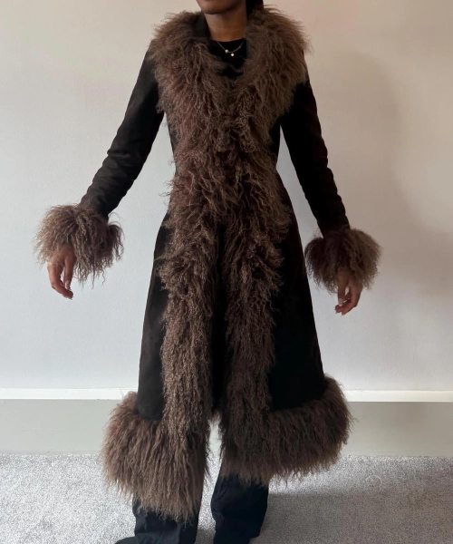 Nobi Club Suede Afghan Penny Lane Coat with Real Mongolian Lambswool Trim | Vintage-Inspired Long Coat | Outerwear for Women Made in London