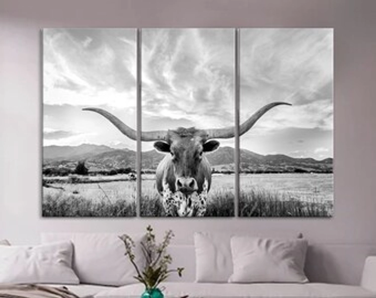 3 Panel Longhorn Cow Canvas Texas Longhorn Art Longhorn Canvas Print Farmhouse Decor Wild West Longhorn Wall Decor - Etsy