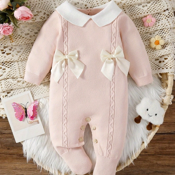 Mono de Cuello para Bebé Niña - Detalle de Lazo Hecho a Mano, Romper Cálido de Invierno, Conjunto Suave y Elástico para (Otoño/Invierno) para Uso Diario, Viajes y Sesiones de Fotos, Perfecto para Exteriores