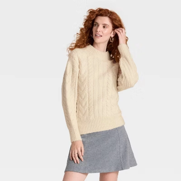 Women's Round Neck Cabled Sweater - A New Day™ Cream S