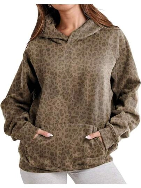 Women Leopard Hoodies Oversized Cheetah Print Sweatshirt Hooded Long Sleeve 2000s Pullover Tops Y2k Graphic Hoodies