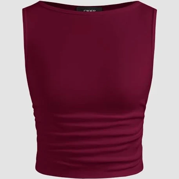 CIDER Women's Crop Tank Top High Stretch Opaque Knit Fabric Boat Neck Ruched