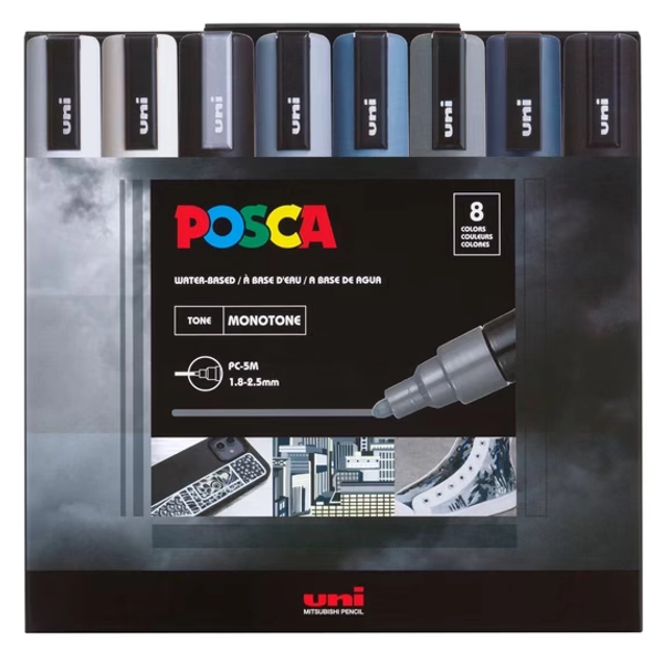 Uni POSCA PC-5M Monotone Water-Based Paint Markers, Reversible Medium Tip (1.8-2.5mm), Monotone Ink Colors, 8 Count