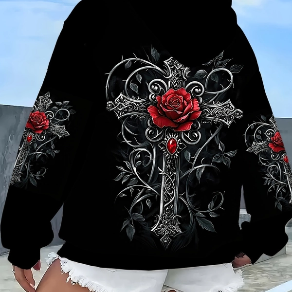 [Plus Size Hoodie] Plus Size Women's Clothing, Women's Plus Size Hoodie - Totem Print Long Sleeve With Pocket Hoodie - Soft Stretchy Fabric Autumn And Winter Casual Top - Machine Washable Women's Fashion Pullover Top