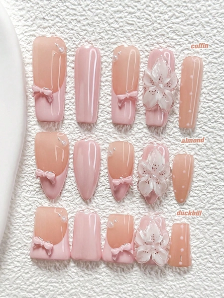 10pcs Sweet Ballet Style Handmade Press-On Nails, Polygel Nail Set, Bow, Small Pearl, Handmade Five-Petal Flower Details, Pink & White Nail Polish, Fresh Style, Includes Nail Tools, 3 Sizes Available, Almond/Duck/Coffin Shape, Suitable For Party, Dance, Daily Wear