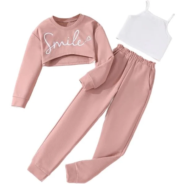 Girls 3-Piece Long Sleeve Graphic Crop Tee and Cami Top with Pants Set
