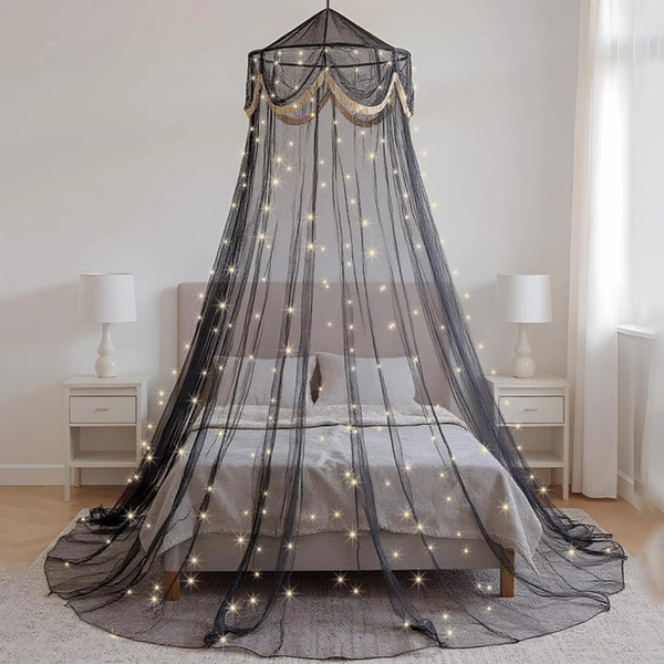 Dome Mosquito Net Canopy, Reinforced Mesh Mosquito-Proof, Household Bedroom Floor-Standing, for Summer Outdoor Courtyard, Does Not Include Light Strip, White/Black