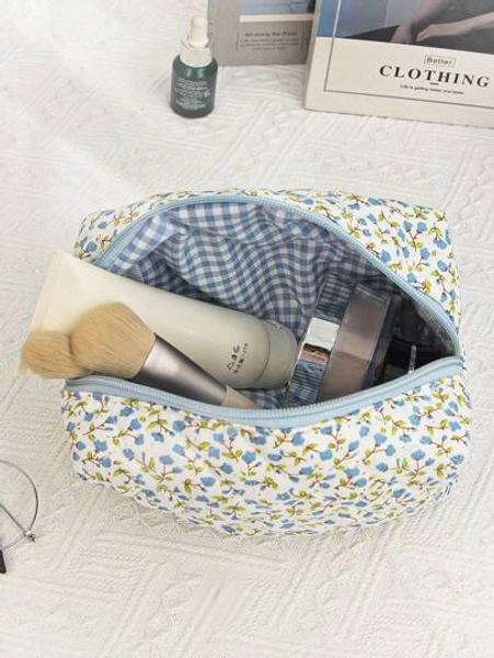 Stoff-Kosmetiktasche im Blumenmuster, gesteppter Reisekoffer-Make-up-Beutel mit Reißverschluss, achteckiger handlicher Kosmetikbeutel mit großer Kapazität, gesteppte Kosmetiktasche für Frauen mit niedlichen ästhetischen Blumenmustern, aufgepolsterter Make-up-Beutel als Geschenk, für Freundin, sie, Geburtstag, Schulmaterial