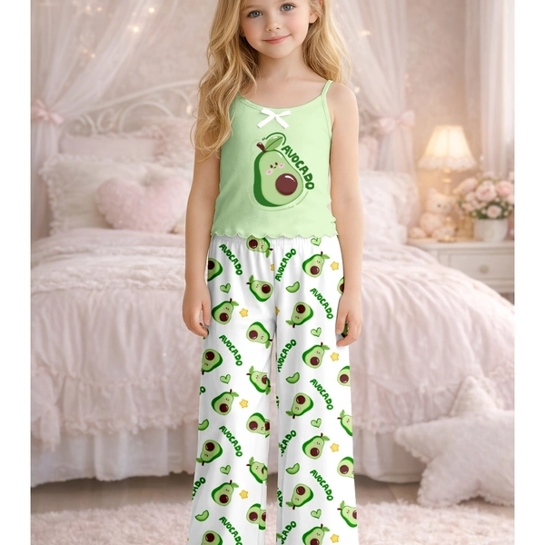 2pcs Girls' Camisole Long Ruffle Pants Pajama Set, Cute Avocado Print, Comfortable Fabric, Ideal for Bedtime and Summer Wear, Machine Washable - Perfect Gift for Girls, Flame Retardant Fabric