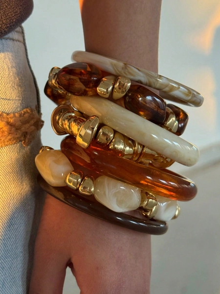 7pcs Fashionable Elegant High-End Unique Shiny Luxury Vintage Resin Amber Ivory Metal Beaded Bracelet Set For Women Daily Wear Holiday Party