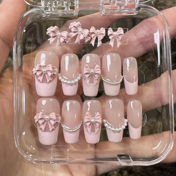 Handmade Light Pink French Blush Pearl Princess Bow Cute Press On Nails Pink Nails Bow Nails Cute Nails Coffin Nails Short Coffin Nails