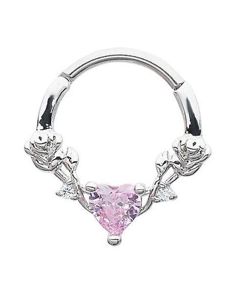 Pink Heart CZ Rose Hinged Septum Ring - 16 Gauge