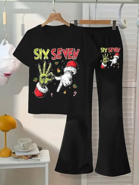 Kids Girls Summer Trendy Two-Piece Set Creative Number 67 Print Tee Comfortable