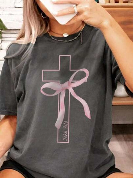 1pc Girls Casual Butterfly & Cross Print Round Neck Short Sleeve T-Shirt, Summer Student Youth Apparel - Inspiring Imagination And Self-Expression