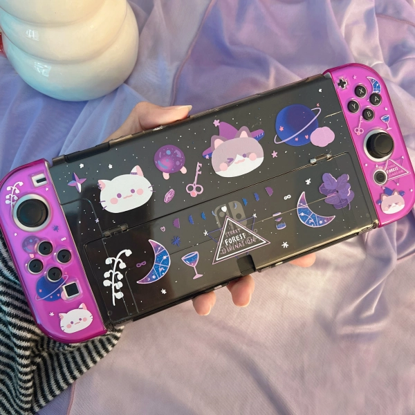 Starry Forest Cat Divination Nintendo Switch 2 Oled case, kawaii ragdoll cat cute switch shell cover skins accessories soft TPU PC