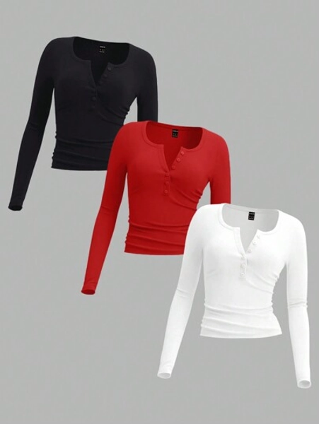 SHEIN EZwear 3pcs/Pack Women Plus Size Casual Minimalist Knit Crew Neck Long Sleeve T-Shirt Tops, Suitable For Autumn/Winter