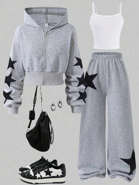 Sparklyn 3pcs/Set Teen Girls Solid Color Thermal Lined Zip-Up Hoodie, Camisole, And Wide Leg Pants Casual Outfit, Suitable For Daily Wear, Commuting, And School Fall Winter