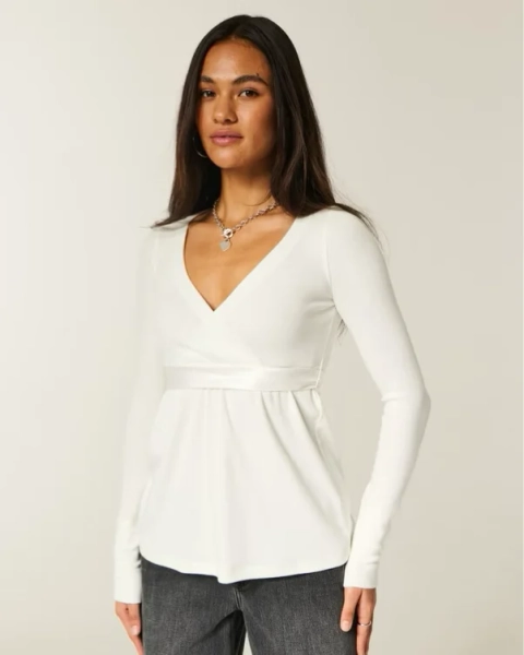 Easy Long-Sleeve Wrap-Front Babydoll Top