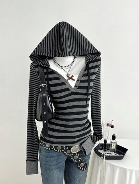 Elamini Women's Retro Black & Gray Striped Hooded Long Sleeve T-Shirt
