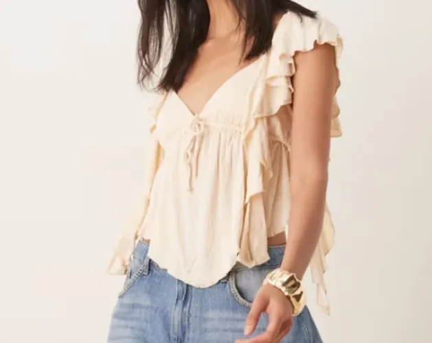 ASOS DESIGN crinkle flutter sleeve open back top in cream