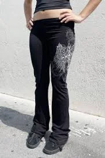Y2K McBling Cross & Wing Graphic Rhinestone Print Fold-Over Flare Pants