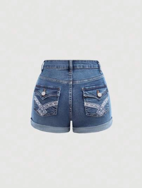 SHEIN Girlism Tween Girl Y2k Stonewashed Embroidery Detail Rolled Hem Denim Jeans Shorts With Slanted Pocket,Girls Summer Shorts Outfits
