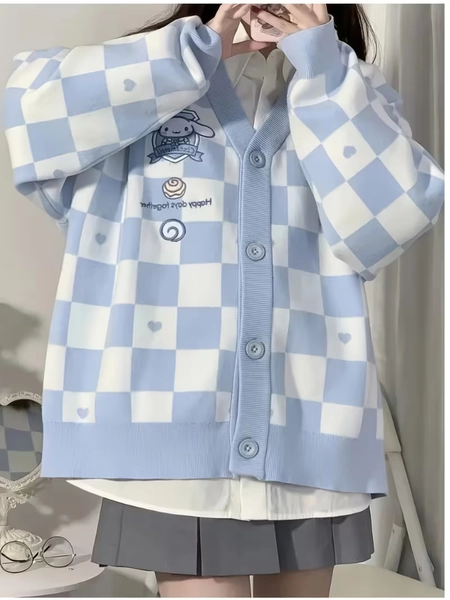 light blue white checkered cardigan featuring a heart shaped - Temu