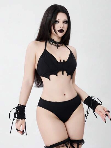 ROMWE Goth Women's Solid Color Bikini Set For Vacation & Beach, Halloween - Size M