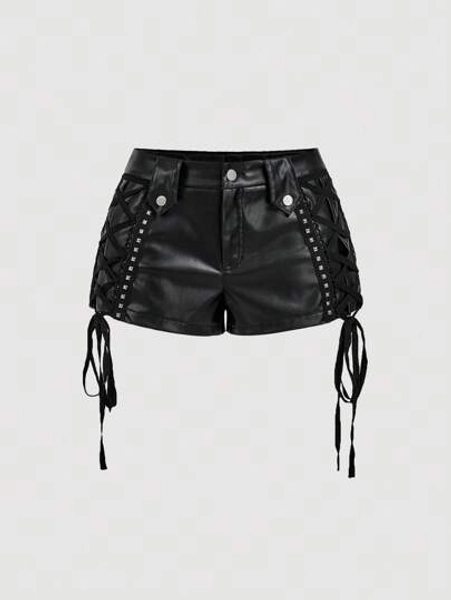 SHEIN MOD Black Vintage Glamour Palace Shorts,Cross-Tie Detail With Studded Accents,Western Wear,Holiday,Y2K Vibes,Summer Seductive Night Out Chic Shorts - Size S