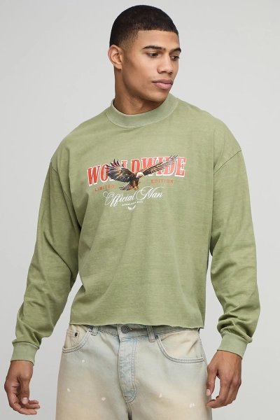 Oversized Shrunken Boxy Raw Hem Eagle Long Sleeve Washed Graphic T-Shirt