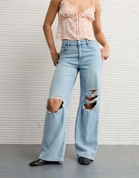AE Dreamy Drapey Stretch Ripped Super High-Waisted Baggy Wide-Leg Jean