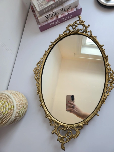 Vintage oval brass mirror, Art Deco style, 1960s.