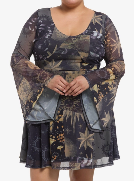 Cosmic Aura Celestial Patchwork Mesh Bell Sleeve Dress Plus Size