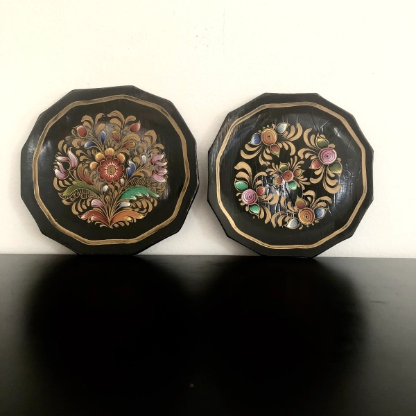 Vintage Hand Painted Floral Lacquer Plates: Bohemian Decor, Set of 2