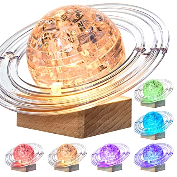 3D Crystal Puzzle, 40PCS Saturn Assembly Brain Teaser with Light-Up Wood Base, Plastic Saturn DIY Puzzle Blocks 3D Model Toy for Kid 14+ (White)