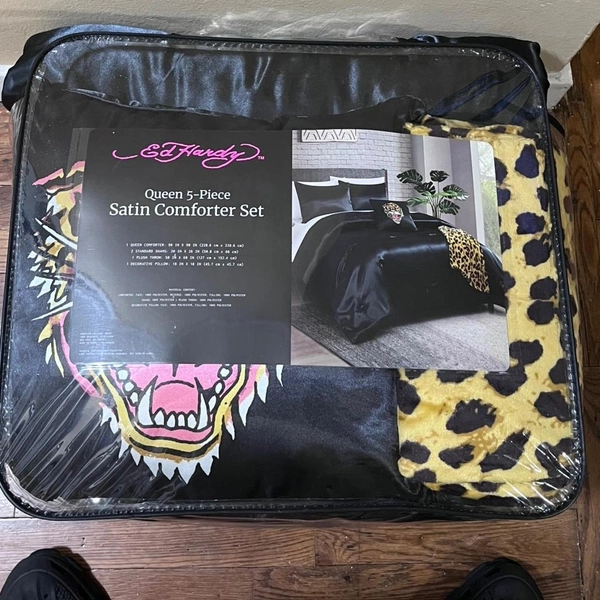 Ed Hardy black and yellow satin comforter set queen