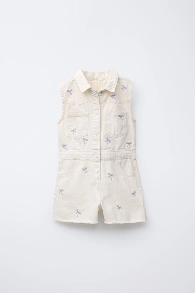 EMBROIDERED TWILL PLAYSUIT WITH BOWS