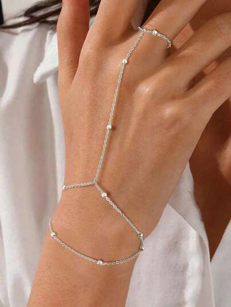 1pc Minimalist Fashion Metal Bead Chain Linked Finger Ring Bracelet (Handmade Chain Cut To Appropriate Size, Random Number Of Beads)