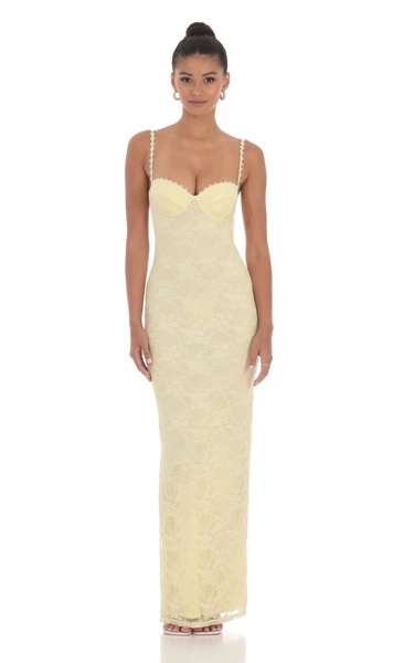 Lace Floral Trim Maxi Dress in Yellow | LUCY IN THE SKY