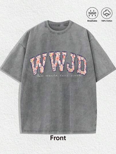 1 PCS Religious "WWJD - He Would Love First" Graphic Tee: Featuring Distressed Vintage Finish, Floral - Filled "WWJD" (What Would Jesus Do?) Letter Print, Delicate Script "He Would Love First", Crafted From Breathable 100% Cotton, Perfect For Infusing Spiritual & Nostalgic Vibes Into Outfits During Easter Celebrations, Church Events, Or Daily Wear, Christmas & Halloween & Thanksgiving Day & Valentine's Day & Pride & Father's Day & Easter & Mother's Day & New Year & Spring Festival, Men's Round Neck Printed Short Sleeve Casual Everyday T-Shirt, They Are Excellent Gifts For Friends And Family, 100% Cotton T-Shirts Feature, A Youthful And Fashionable Design, Graphic Tees Men, Graphic Tees Women, Cachorro Feliz, Back To School
