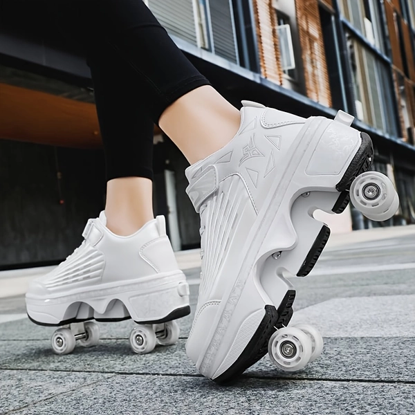 Youth Boys and Girls Transformable Shoes, Four-Wheel Dual-Purpose Roller Skates, Double-Row Walking Shoes, Button-Retractable Inline Skates