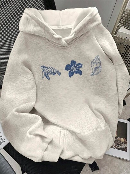 SHEIN Women's Casual Loose Fit Turtle Print Drop Shoulder Long Sleeve Hoodie Sweatshirt, Autumn