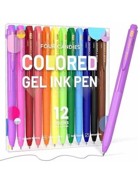 Four Candies Quick Dry Ink Colored Pens Set, 12 Colors Retractable Gel Pens, 0.7mm Fine Point Colorful Pen For Note Taking & Drawing, Colored Gel Pen With Comfort Grip For Office, School & Home