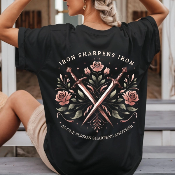 Iron Sharpens Iron Christian T-Shirt Streetwear Faith-Inspired Floral Sword Design Proverbs 27:17 Gift for Christmas 2024
