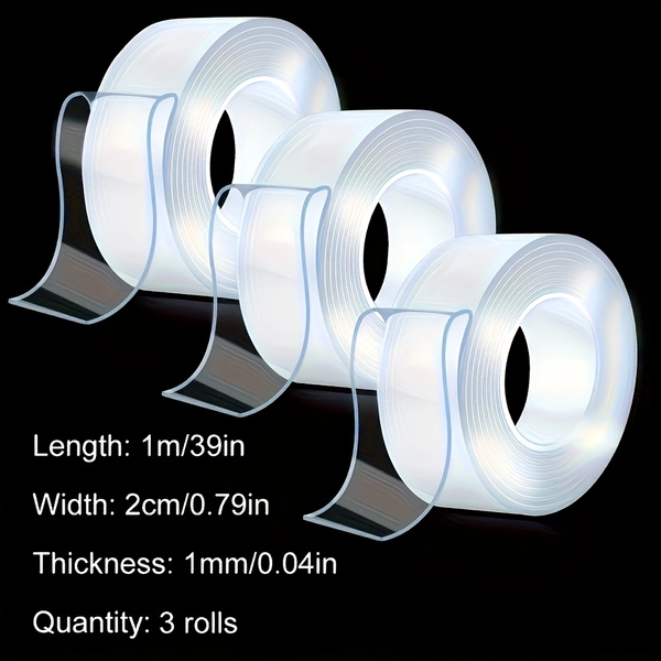 3Pc Nano Double-Sided Tape with Strong Adhesion - Reusable, Traceless, and Washable - Suitable for Home, Office, and Car