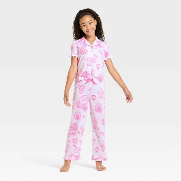 Girls' Wicked x Katie Kime 2pc Short Sleeve Button-Down Shirt and Pants Pajama Set - White S