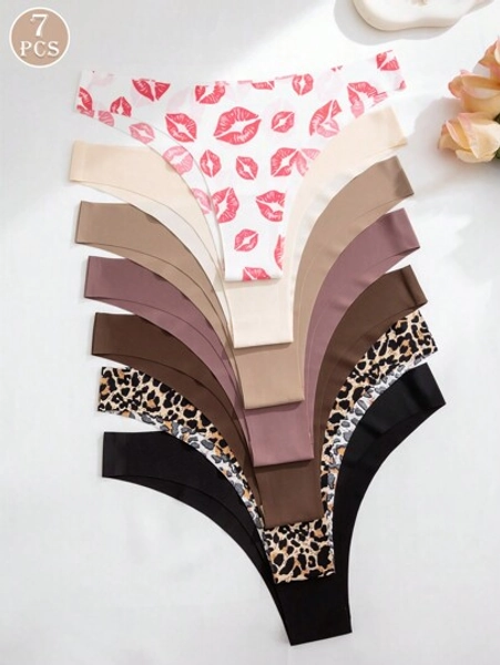 7pcs/Pack Women Seamless Low Waist Sexy Red Lip Print Bikini Underwear, Comfortable, Suitable For Fitness & Sports