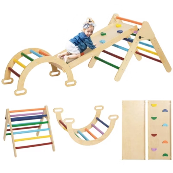 Qaba Pikler Triangle Set, 5 in 1 Toddler Climbing Toys Indoor, Foldable Wooden Kids Play Gym with Ramp, Arch for 18-48 Months, Multicolored